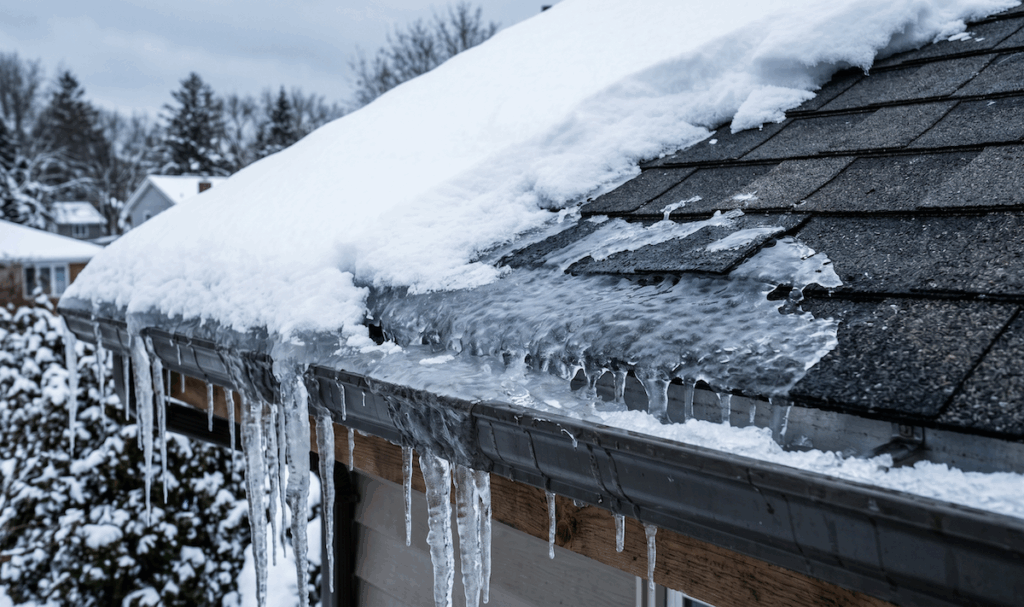 1b1 - Scherger Roofing Snow-covered roof edge with icicles hanging from the gutter in a quiet residential neighborhood. | scherger roofing