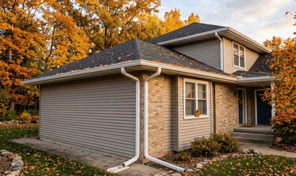 1b2 - Scherger Roofing Two-story suburban house in fall colors with orange-leaved trees, beige siding, brick accents, and a blue front door. | scherger roofing
