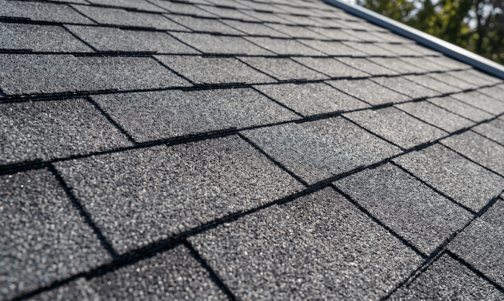 2b1 - Scherger Roofing Close-up view of dark gray asphalt roof shingles on a sloped roof, showing their textured surfaces and staggered pattern. | scherger roofing