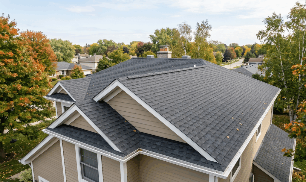 2b2 - Scherger Roofing Aerial view of a beige suburban house with dark gray shingled roof and autumn-colored trees nearby. | scherger roofing