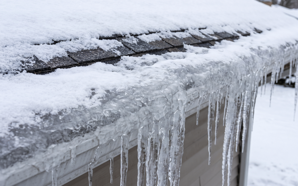 1b1 - Scherger Roofing Snow-covered roof edge with long icicles hanging from the eave in cold winter light. A close-up of frozen icicles along a snow-covered roof line, suggesting freezing weather. | scherger roofing