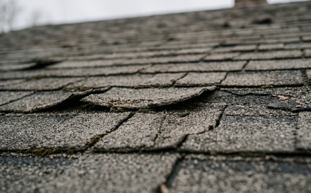 1b2 - Scherger Roofing Close-up of weathered asphalt roof shingles with curling edges and small patches of moss. | scherger roofing
