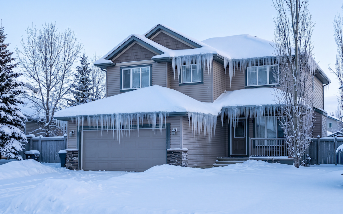 a two-storey suburban house in Edmonton during deep winter, | scherger roofing