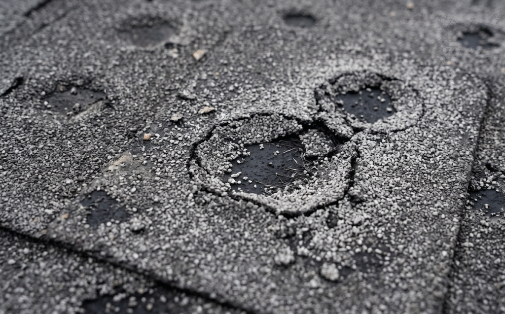 Close-up of a rough black asphalt surface with circular, crater-like patches and loose gravel.
