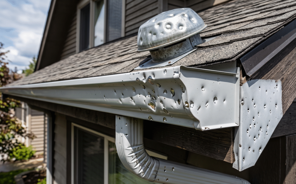 Close-up of a dented, perforated metal gutter and downspout on a suburban house roof edge, with a vent cap above.