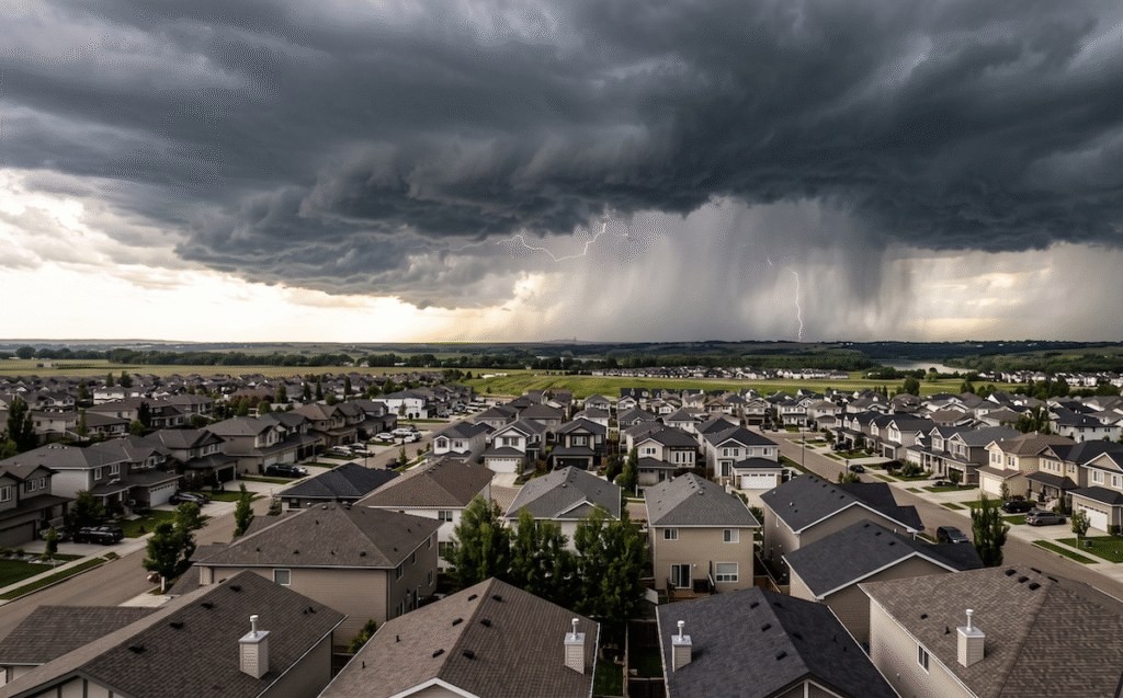 a dark, dramatic prairie thunderstorm rolling over a suburban