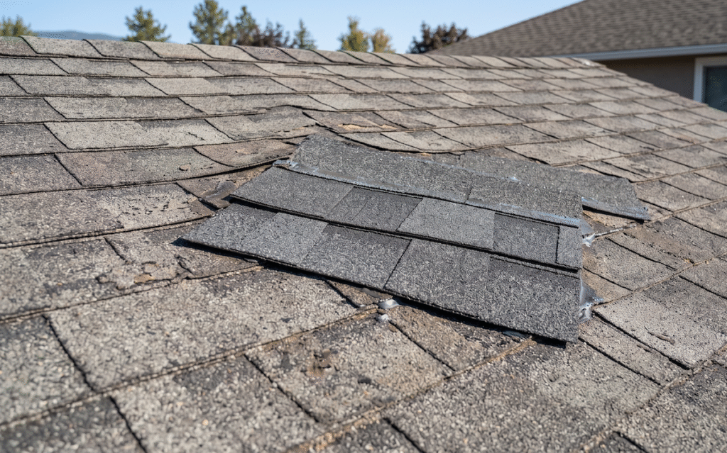 Patch of new shingles laid over an older weathered roof