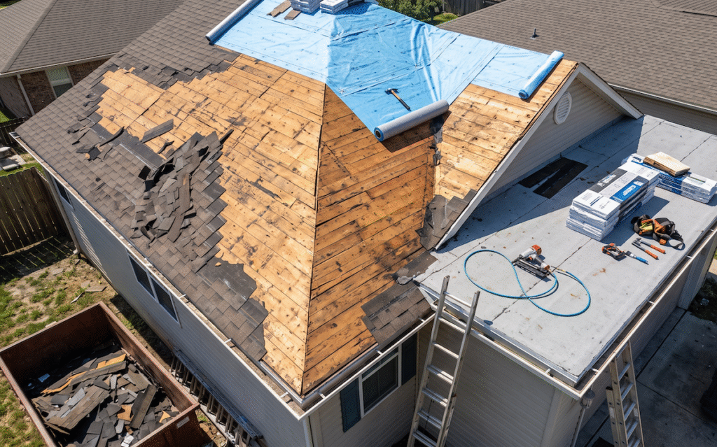 Roof part way through replacement, with exposed plywood and a blue tarp