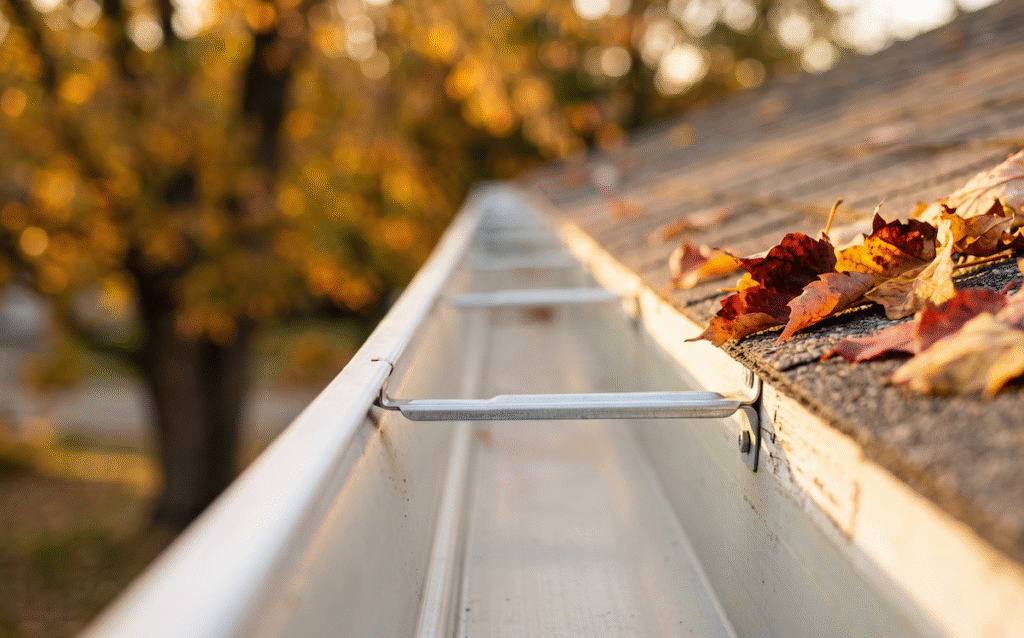 Autumn leaves gathered in a roof gutter