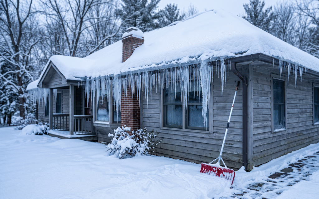 Snow covered house with icicles along the roof edge and a snow shovel by the wall
