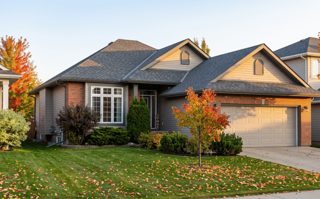 Well kept suburban home with a dark shingle roof in autumn