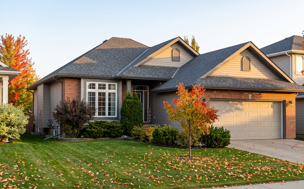 Well kept suburban home with a dark shingle roof in autumn