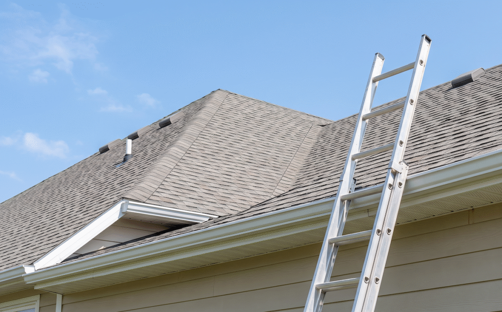 Ladder leaning against a tan, pitched roof of a house under a clear blue sky, with shingles visible and gutters along the edge.