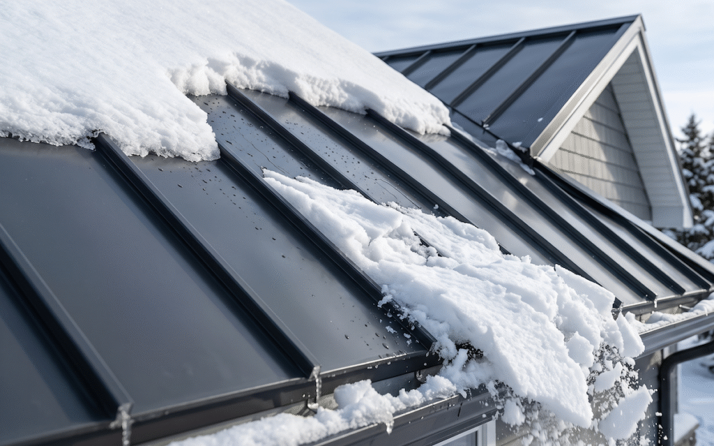 Snow piled on a dark metal roof of a house, with a snow-covered gutter along the edge