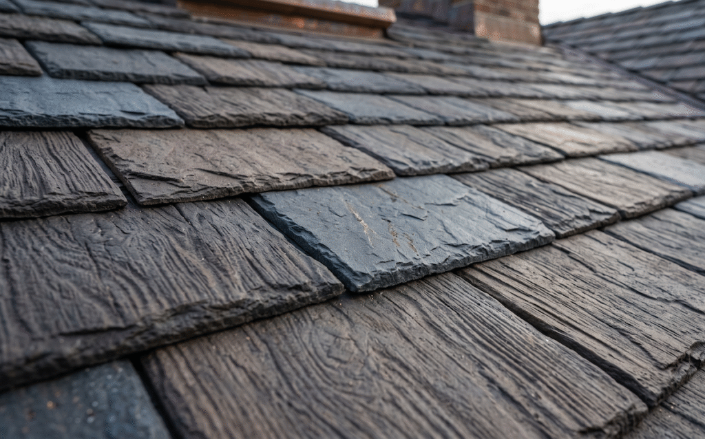 Close-up of dark slate shingles on a sloped roof, showing textured, overlapping tiles and weathered edges.
