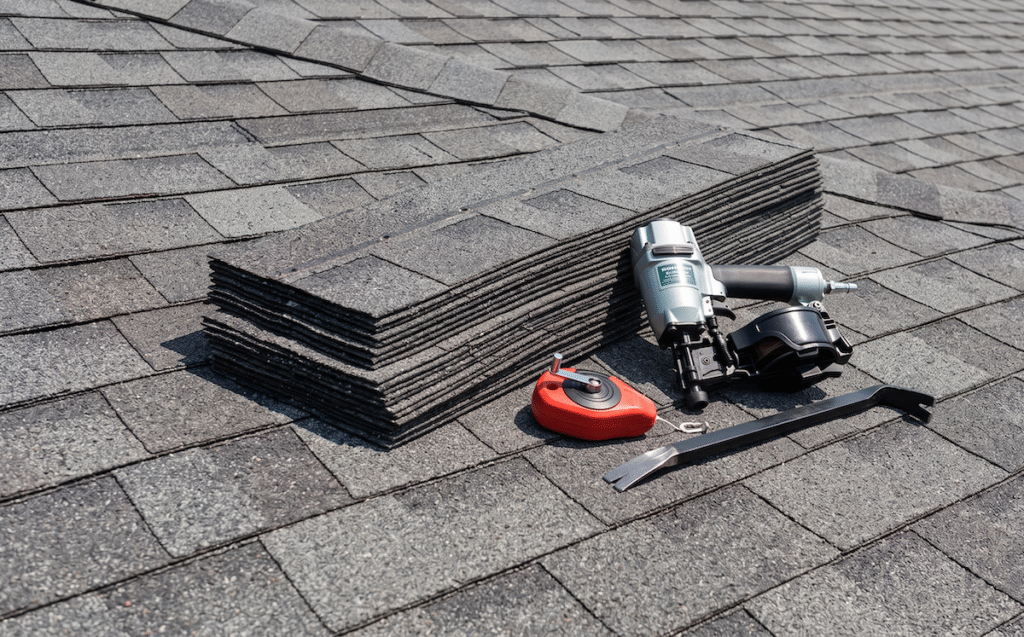 Pile of asphalt roof shingles with a pneumatic nail gun, tape measure, and pry bar on a gray shingled roof surface