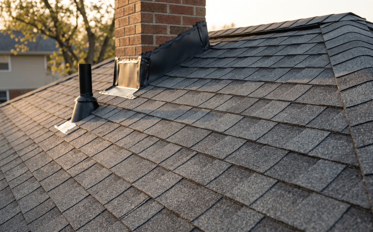 Close-up of a sloped asphalt-shingle roof with a brick chimney and vent pipe, bathed in warm sunset light.