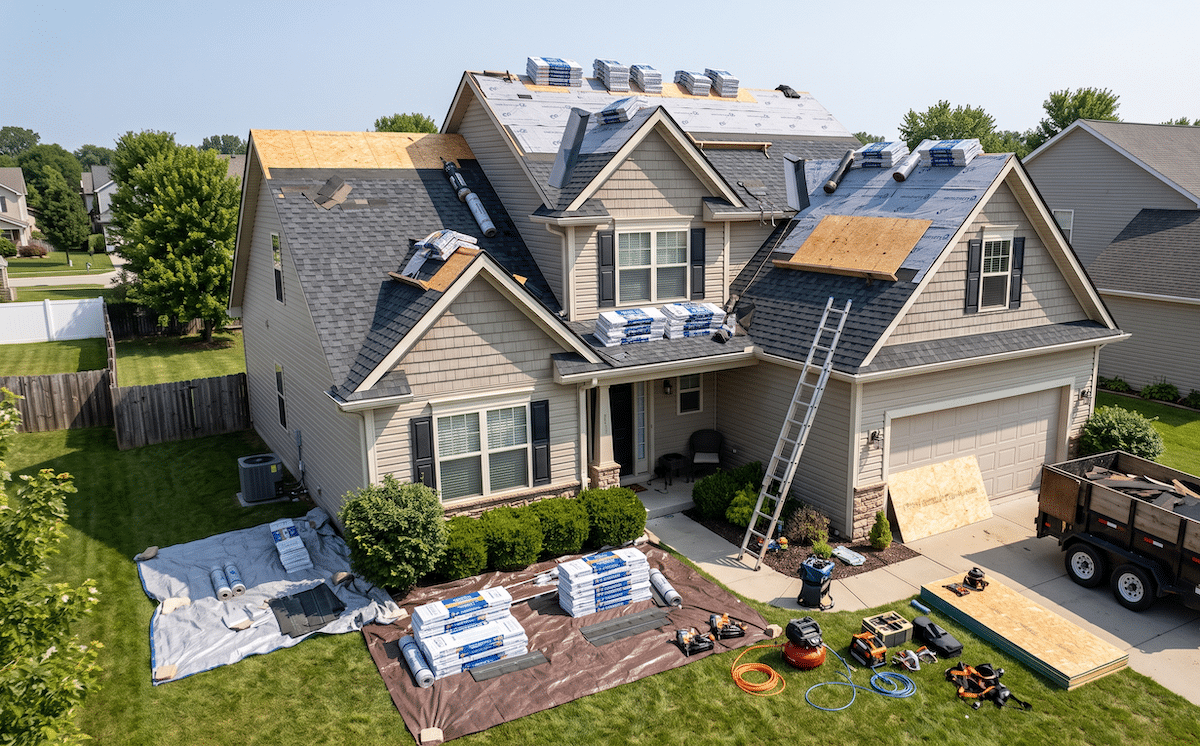 a residential home with a professional roofing job in progress,