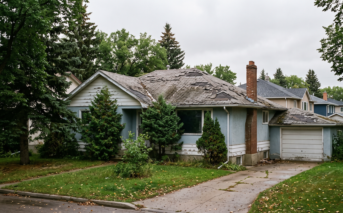 an old, visibly failing asphalt shingle roof